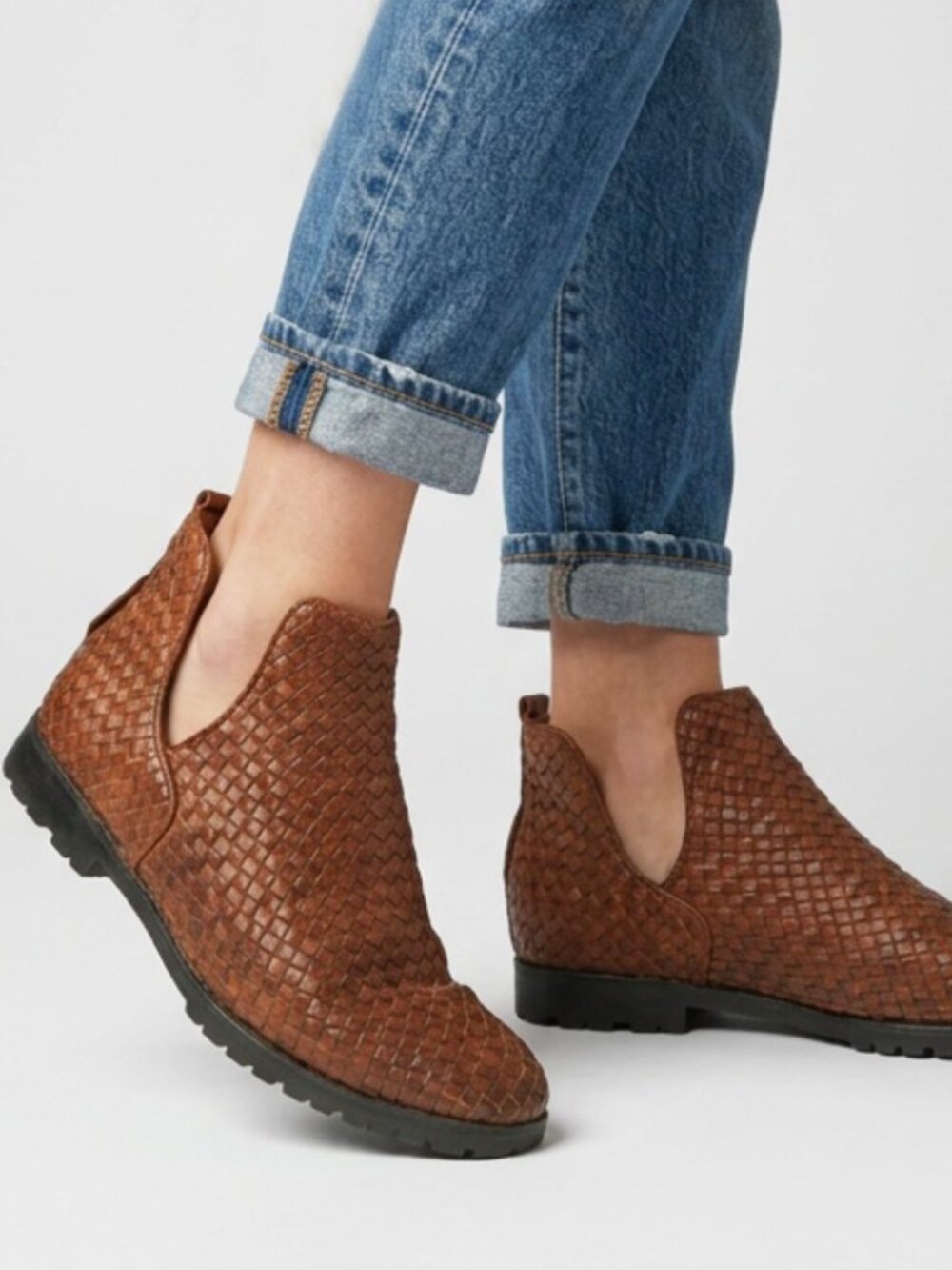 Vintage Woven Leather Chelsea Short Ankle Booties Italian Basket Weave Boots